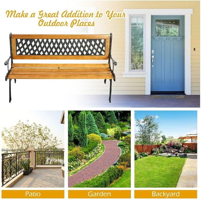 Cast Iron Patio Bench Outdoor - 49.5" Garden Bench for 3 Adults - Black Metal Bench with Wood Seat - Heavy Duty 463 lbs Capacity