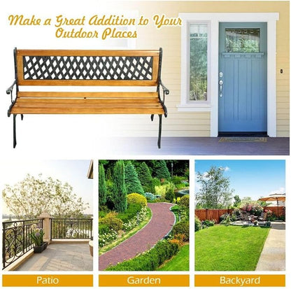 Cast Iron Patio Bench Outdoor - 49.5" Garden Bench for 3 Adults - Black Metal Bench with Wood Seat - Heavy Duty 463 lbs Capacity