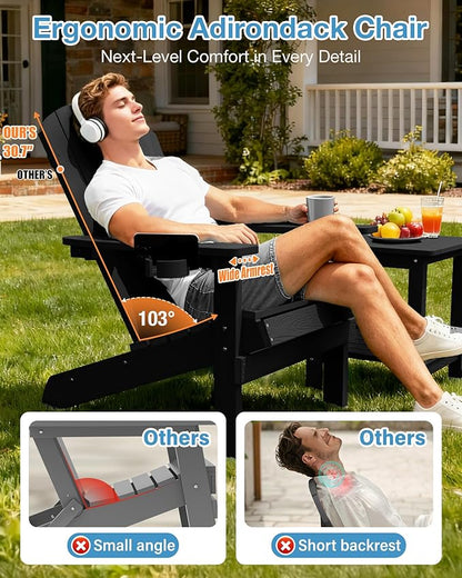 YEFU Adirondack Chairs Set of 4 for Outdoor: Zero Gravity Fire Pit Chairs Plastic with Cup Holders - Sturdy All-Weather HIPS with Wood Texture for Patio Backyard Lawn - Easy Assembly(Black)