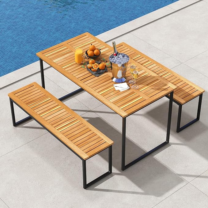 Tangkula 55 Inches Acacia Wood Patio Dining Table for 6, Rectangle Outdoor Table with Heavy Duty Metal Legs and Umbrella Hole, Outside Table for Backyard, Deck, Lawn, Poolside