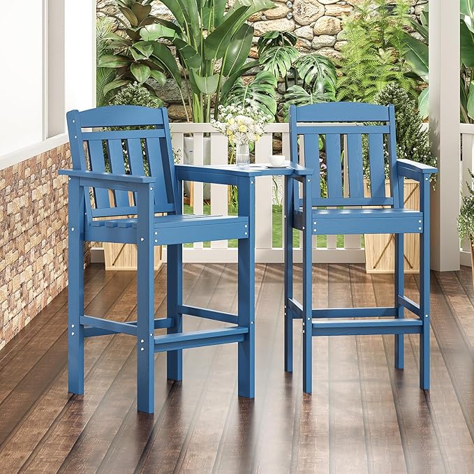 Soohow Tall Adirondack Chairs Set of 2, HDPE Adirondack Bar Stools with Connecting Tray, Bar Height Adirondack Chair Patio Barstool, Ideal All Weather Tall Patio Chair for Balcony, Poolside, Backyard