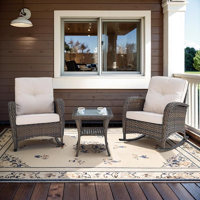 Belord Wicker Porch Rocking Chairs - 3 Pieces Patio Bistro Set High Back Outdoor Rocker Chairs Set with Side Table for Deck Balcony Brown/Beige