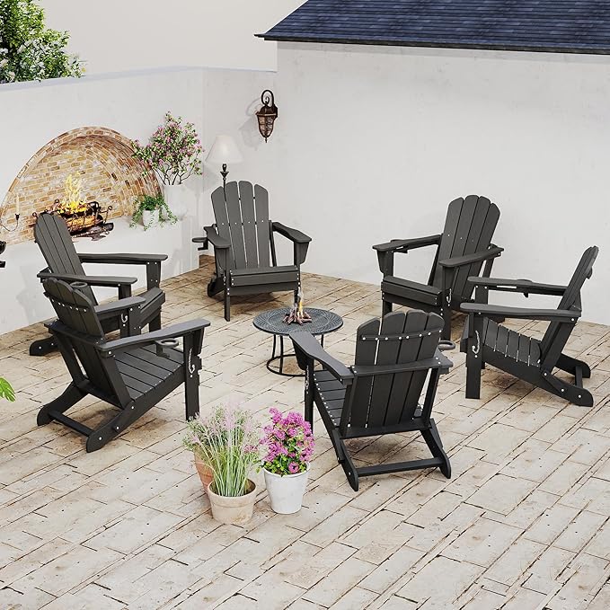 Domi Folding Adirondack Chair Set of 6, HDPE All-Weather Adirondack Chairs with Cup Holder, Outdoor Plastic Fire Pit Chairs Wood Texture for Poolside, Patio, Backyard, Deck (Grey)