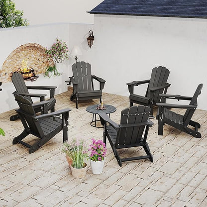 Domi Folding Adirondack Chair Set of 6, HDPE All-Weather Adirondack Chairs with Cup Holder, Outdoor Plastic Fire Pit Chairs Wood Texture for Poolside, Patio, Backyard, Deck (Grey)