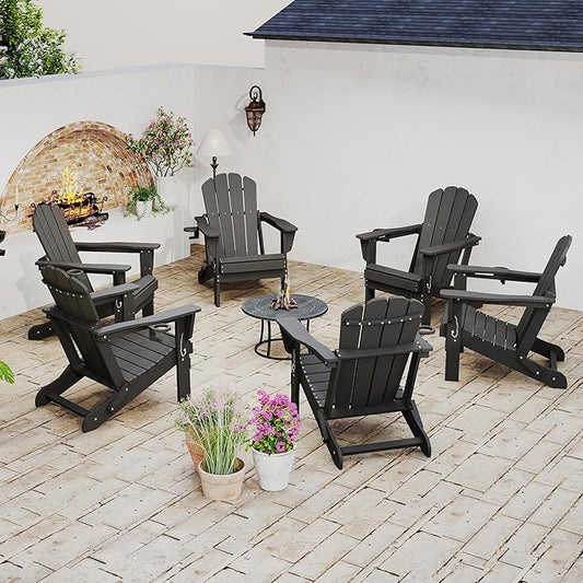 Domi Folding Adirondack Chair Set of 6, HDPE All-Weather Adirondack Chairs with Cup Holder, Outdoor Plastic Fire Pit Chairs Wood Texture for Poolside, Patio, Backyard, Deck (Grey)