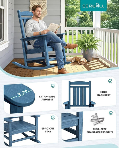 SERWALL Rocking Chairs Set of 4, HDPE Outdoor Rocking Chair, All-Weather Porch Rockers for Patio, Blue