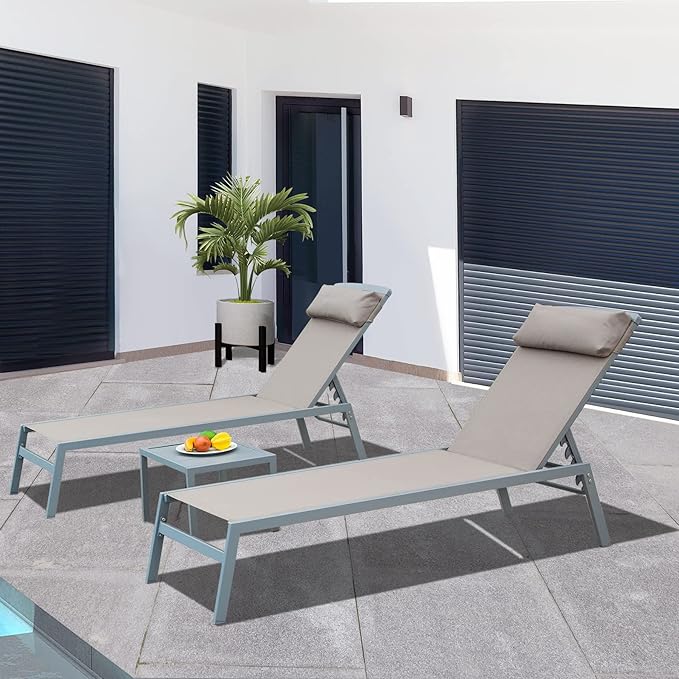 Domi Patio Chaise Lounge Set of 3, Aluminum Lounge Chairs with 5 Adjustable Positions, Outdoor Chaise Lounge for Pool - Photo 8