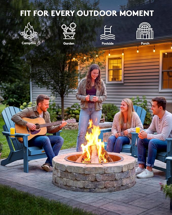 SERWALL Folding Adirondack Chair Set of 8, Weather Resistant Patio Chair with Cup Holder for Patio Garden Outdoors Fire Pit- Sapphire