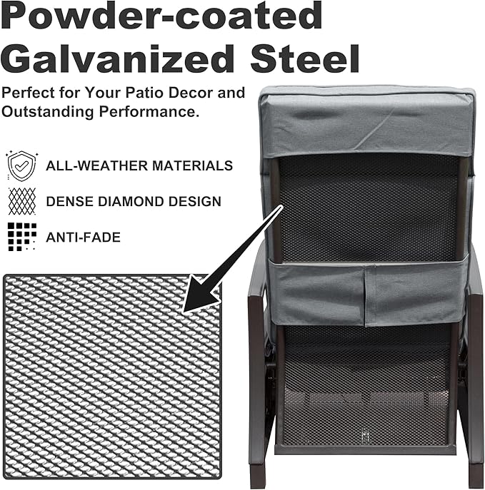 Domi Adjustable Patio Recliner Chair Metal Outdoor Lounge Chair with Flip Table Push Back, Adjustable Angle, Removable Cushions, Support 350lbs, Gray