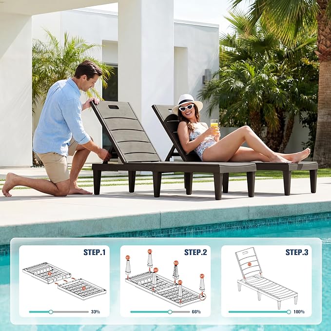 Devoko Outdoor Chaise Lounge Chair Set of 2 with 5-Position Adjustable Back, Waterproof & Lightweight PP Lounge Chairs for Outside Pool Patio (Deep Brown)