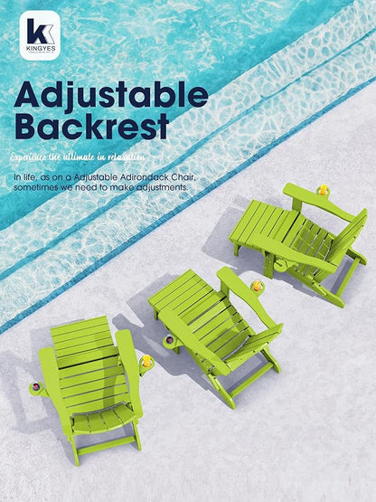 KINGYES Folding Adjustable Adirondack Chair with Ottoman, HDPE Adirondack Recliner Chair with Footrest, Apple