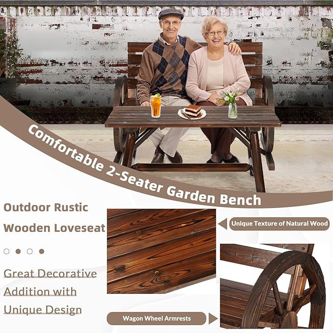 2-Piece Wooden Wagon Wheel Bench Set with Coffee Table, 2-Person Rustic Wood Garden Bench W/Wagon Wheel Armrests & Slatted Backrest, Outdoor Patio Loveseat Furniture Set for Lawn Yard Park