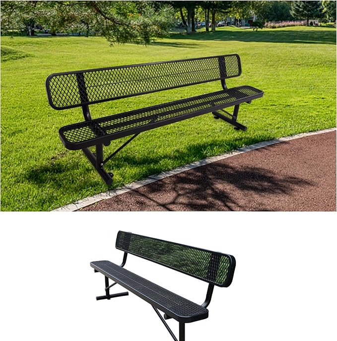 8FT Outdoor Metal Bench with Backrest & Portable Frame, Garden Patio Bench for 3-5 People, Park Benches for Outside Rust Proof, Commercial Heavy Duty Park Bench, Yard, Front Porch, School