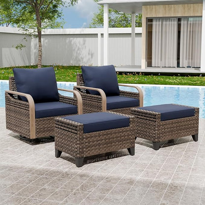 EAGLE PEAK Modern Wicker Outdoor Glider Rocking Chair, Swivel Rocker, Rattan Patio Furniture for Yard Deck Porch Garden, 2 Chairs 2 Ottomans, 4 Piece, Brown/Blue