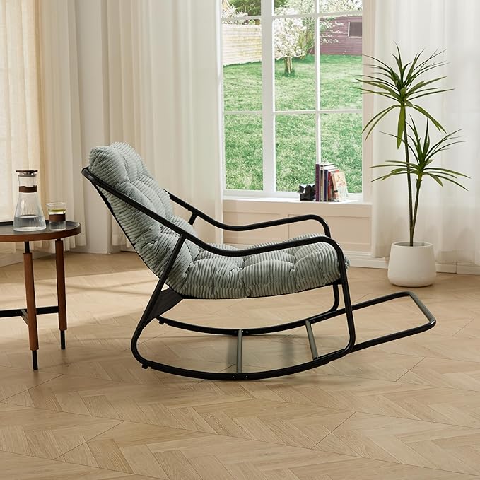 Rocking Chair with Foot Rest, Outdoor Indoor Rocking Lounge Chair with Cushion, Comfortable Patio Rocker Chairs for Patio, Porch, Garden, Living Room, Reading, Metal Frame, Light Green