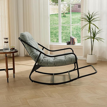 Rocking Chair with Foot Rest, Outdoor Indoor Rocking Lounge Chair with Cushion, Comfortable Patio Rocker Chairs for Patio, Porch, Garden, Living Room, Reading, Metal Frame, Light Green