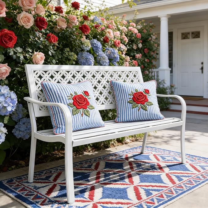 Grand patio 50" Garden Bench, Outdoor Benches with Anti-Rust Metal Powder Coated Frame, Patio Bench for Front Porch Park Outside Furniture Decor,White