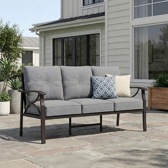 RoyalCraft Patio 3 Seats Sofa, All-Weather Outdoor Couch, Patio Furniture Sofa,Khaki Metal Furniture with Gray Cushions - Photo 6