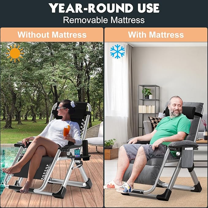 MOPHOTO Zero Gravity Chair, Outdoor Padded Lounge Chair with Side Table, Zero Gravity Recliner Chair, Outdoor Reclining Chair, Sturdy & Comfortable, Supports up to 440lbs