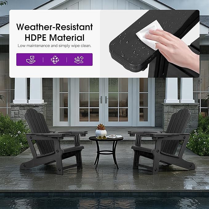 PURPLE LEAF Adirondack Chair Set of 4 HDPE All-Weather Outdoor Fire Pit Chair with 24.6" Oversized Seat Wood-Textured Patio Adirondack Chair with Dual Cup Holders for Garden Deck Backyard, Black