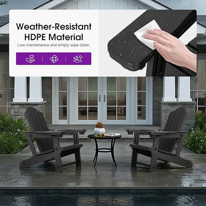 PURPLE LEAF Adirondack Chair Set of 4 HDPE All-Weather Outdoor Fire Pit Chair with 24.6" Oversized Seat Wood-Textured Patio Adirondack Chair with Dual Cup Holders for Garden Deck Backyard, Black