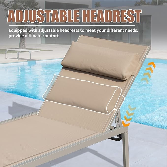 Domi Patio Chaise Lounge Set of 3, Aluminum Pool Lounge Chairs with Side Table - Photo 5