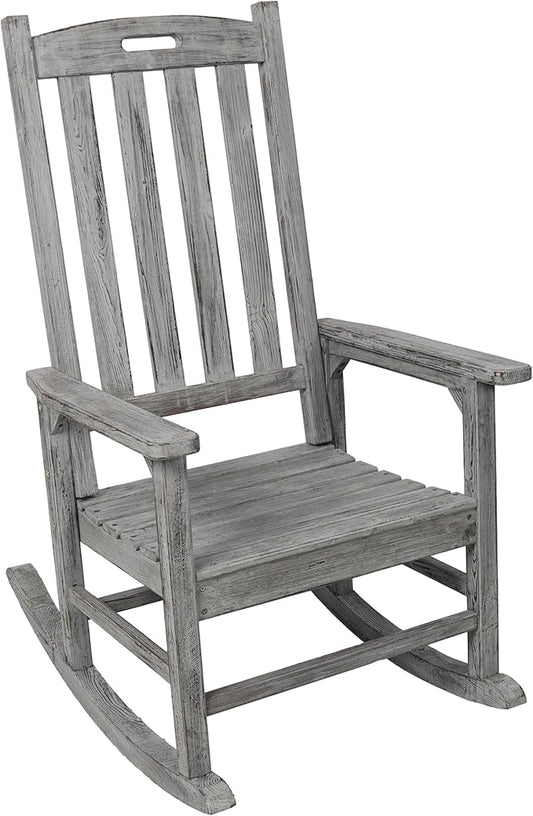 Patio Wooden Rocking Chair, High Back Wood Rocker Accent Chairs, Durable Porch Rocker Chair with Wide Seat, Patio Rockers for Outdoor & Indoor, Garden, Porch (Grey)