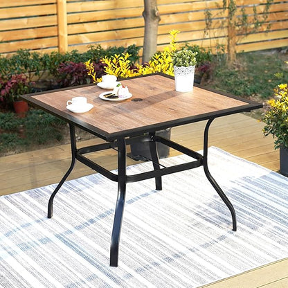 Outdoor Patio Square Dining Table, 37"x 37" Wood-Like Tabletop with Adjustable Umbrella Hole and Faux Wood Tabletop, All Weather Wrought Iron Black Outdoor Table for Deck Lawn Backyard