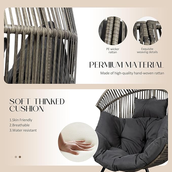 JAMFLY Wicker Egg Chair - Rattan Patio Chair with Cushion, Indoor-Outdoor Lounge Egg Basket Seat for Living Room - Photo 3