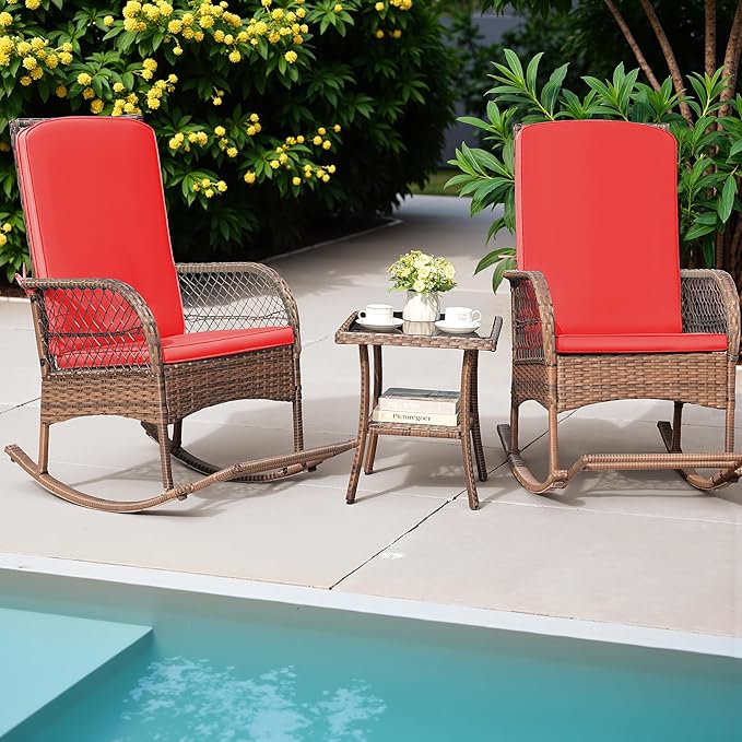 Greesum 3 Piece Outdoor Wicker Rocking Chairs Patio Furniture Set with Glass Coffee Table for Garden Backyard Porch Poolside, Red
