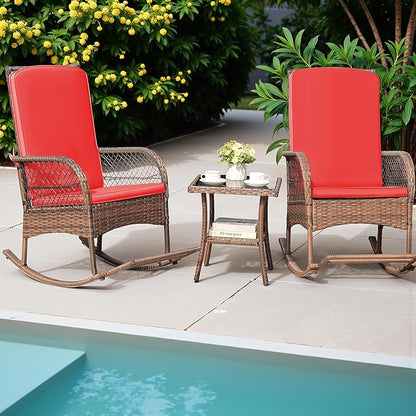 Greesum 3 Piece Outdoor Wicker Rocking Chairs Patio Furniture Set with Glass Coffee Table for Garden Backyard Porch Poolside, Red