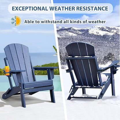 Skypatio 3 Pieces Folding Adirondack Chairs Set, Weather Resistant Adirondack Chairs Set of 2 with Cup Holder, 1 Side Table, 380 lbs Weight Capacity Portable Patio Fire Pit Chairs (Navy Blue)