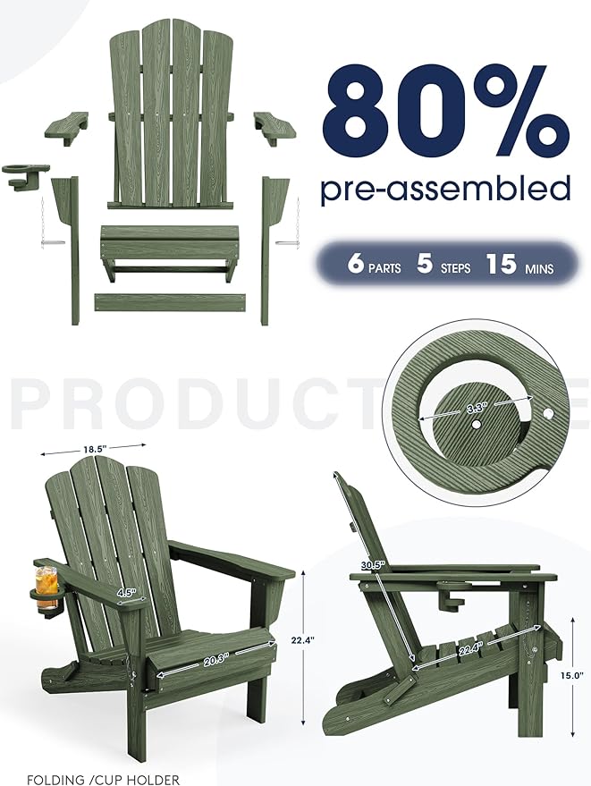 KINGYES Folding Adirondack Chair Set of 2, HDPE All-Weather Patio Chairs with Cup Holder - Photo 7