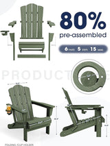 KINGYES Folding Adirondack Chair Set of 2, HDPE All-Weather Patio Chairs with Cup Holder - Photo 7