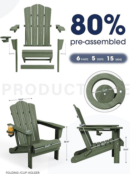 KINGYES Folding Adirondack Chair Set of 8, HDPE All-Weather Patio Chairs with Cup Holder, Wooden TextuAruba Fire Pit Chairs for Poolside, Backyard, Deck, Avocado