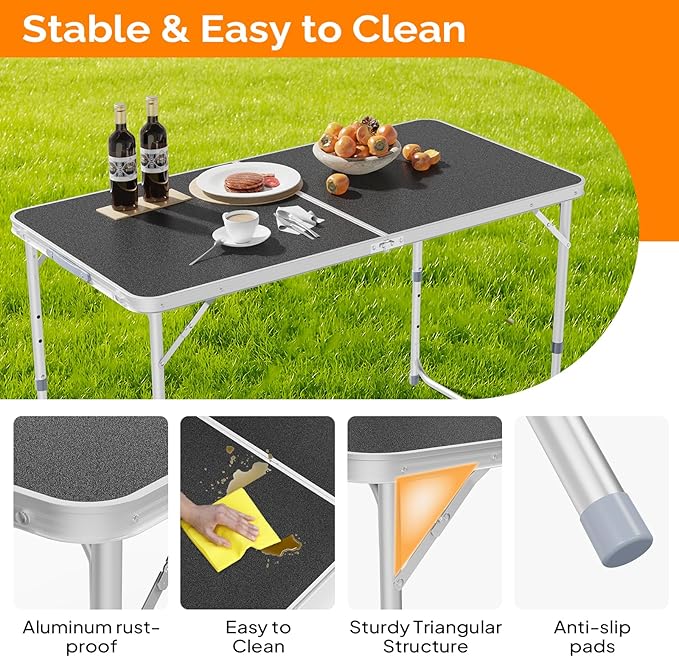 VINGLI 4FT White Folding Table with Carrying Handle Height Adjustable Lightweight Fold Up Portable for Indoor Outdoor - Photo 4