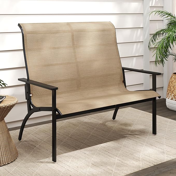 Tangkula Outdoor Adirondack Bench Chair, 2-Person Patio Garden Bench with High Back and Armrests, 880 lbs Weight Capacity, Front Porch Loveseat Furniture for Deck, Lawn and Backyard (Coffee)