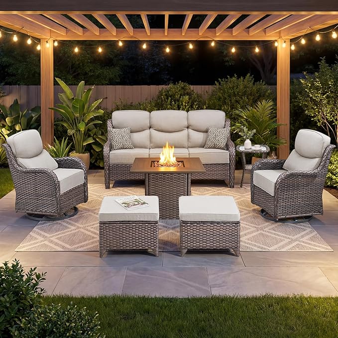 Luxury Patio Furniture Set with 6-inch Thick Cushion, Outdoor Furniture with Fire Pit Table, Swivel Chairs, Sofa - Photo 1