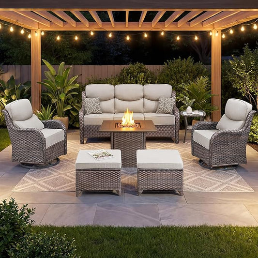 Luxury Patio Furniture Set with 6-inch Thick Cushion, Outdoor Furniture with Fire Pit Table, Swivel Chairs, Sofa, Side Table, Ottomans, 7pcs Wicker Conversation Set for Deck Yard and Poolside(Beige)
