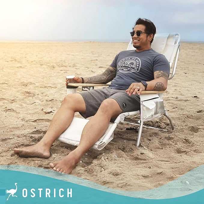 Ostrich the Deluxe 3N1 Reclining Lounge Chair, Folding Outdoor Lounger and Extra-Wide Beach Chair with Wooden Armrests and Face Hole, White