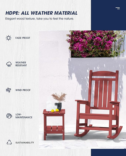 KINGYES Outdoor Rocking Chair Set of 2, HDPE Patio Rocking Chairs with 330lbs Support for Adults, Dark Red