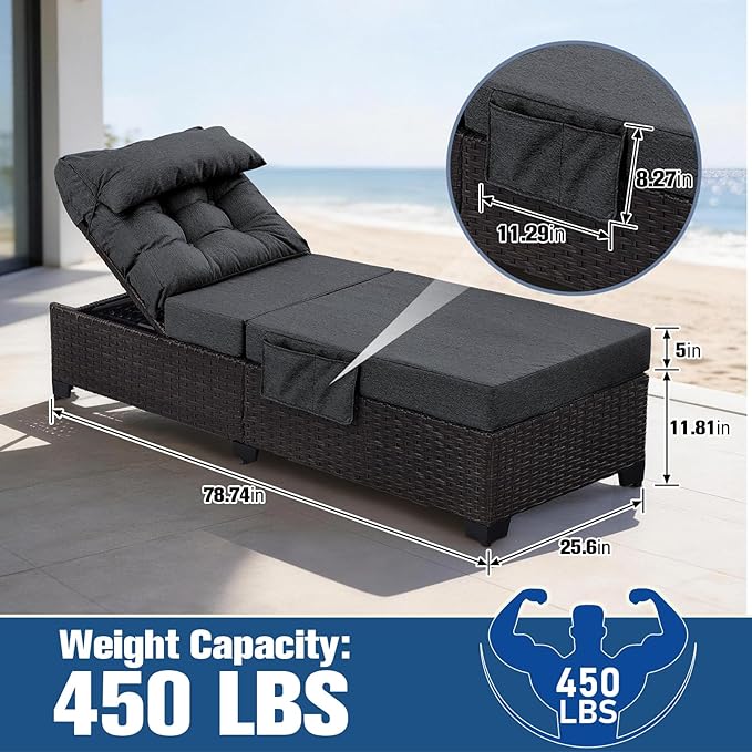 Outdoor Chaise Lounge Chair, Patio Rattan Adjustable Recliner with 5-Inch Thick Cushion, Heavy Duty Metal Lounger for Pool Beach Yard (Gray)