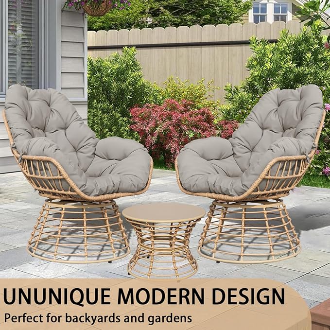 Swivel Chairs for Outside Patio Set of 3, 360° Swivel Pe Wicker Luxury Lounger Chair with 20" Side Table, Soft Cushion and Durable Frame, for Apartment Balcony, Patio, Porch, Yard (Grey)