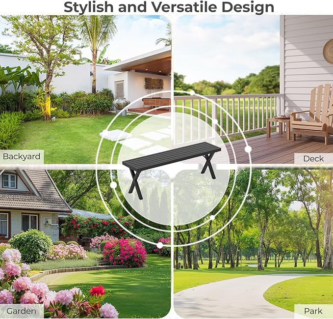 Tangkula 54" Metal Outdoor Backless Bench, Heavy-Duty 2-Person Patio Dining Bench with Slatted Seat & X Legs, Outside Bench for Yard, Garden, Porch, 800 LBS Max Load