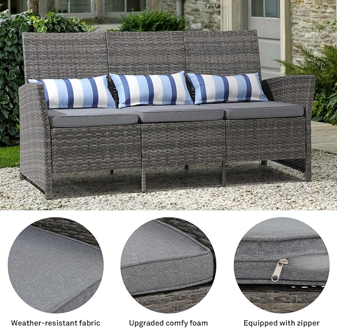 SUNSITT Outdoor Furniture 3 Seats Patio Couch, Outdoor Wicker Sofa, Grey PE Wicker with Grey Cushions & Lumbar Pillows - Photo 7