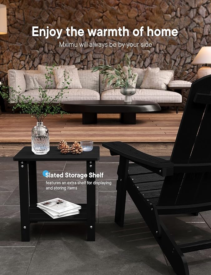MXIMU Outdoor Side Table for Patio: 16" HIPS Weatherproof Adirondack Table - Small End Tables with Storage for Outside Porch Deck Pool Balcony Backyard - 2 Tier Easy Assembly No Maintenance Black