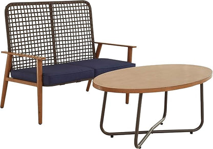LOKATSE HOME Outdoor 2 Pcs Patio Loveseat Wood with Coffee Table Bistro Cushioned Outside Bench Wicker for Garden Poolside Balcony, Blue
