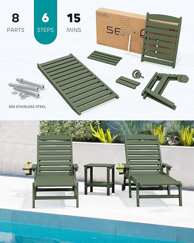 SERWALL Patio Chaise Lounge Chair Set of 2, 78'' Long 5-Positions Adjustable HDPE Outdoor Lounger for Pool - Photo 6