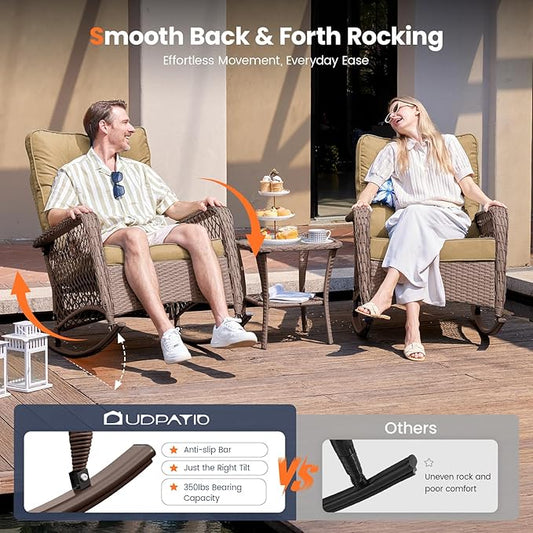 UDPATIO 3 Piece Patio Furniture Set, Wicker Rocking Bistro Set with 2 Rockers, 1 Side Table and 4‘’ Thick Cushions for Backyard, Porch, Balcony, Poolside, Brown/Khaki