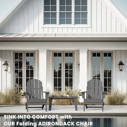 Adirondack Chair with Cup Holder, Folding HDPE Patio Chairs, Outdoor Plastic Fire Pit Chair, Wood Texture, Lawn Chairs for Deck, Porch, Backyard, Garden, Slate Gray